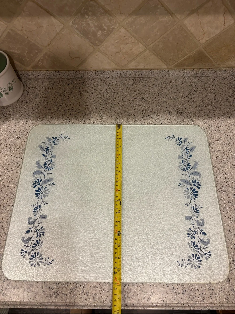Floral Glass Cutting Board, Rectangular Medium, Non-Slip Feet, White/Blue/Gray
